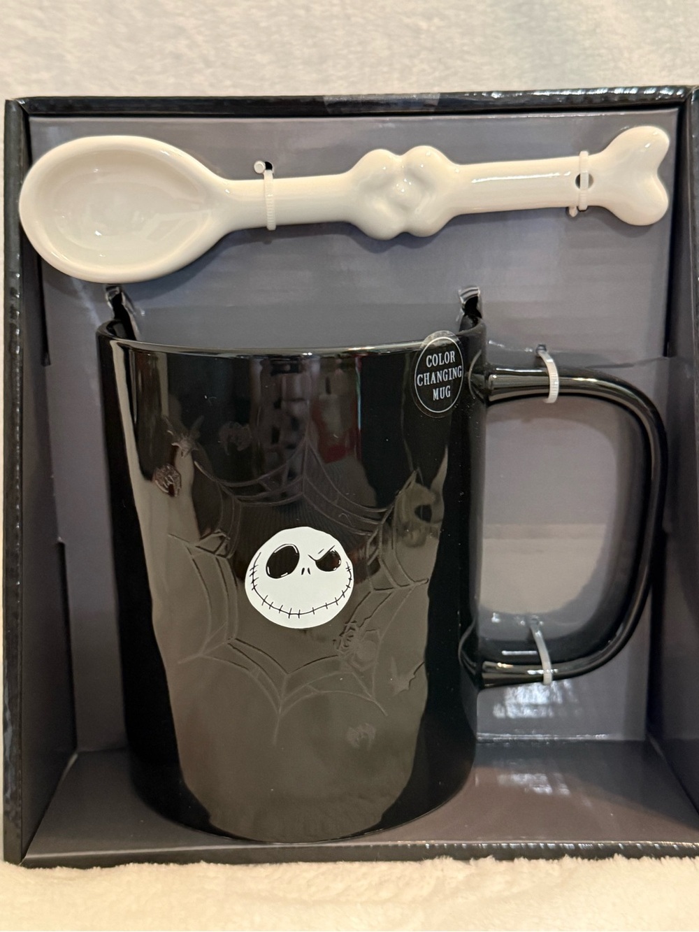 Rae Dunn x Nightmare Before Christmas Black color-changing Mug w/Bone Spoon NWT